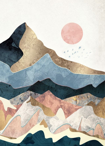 image of abstract mountains in different colors and a sun